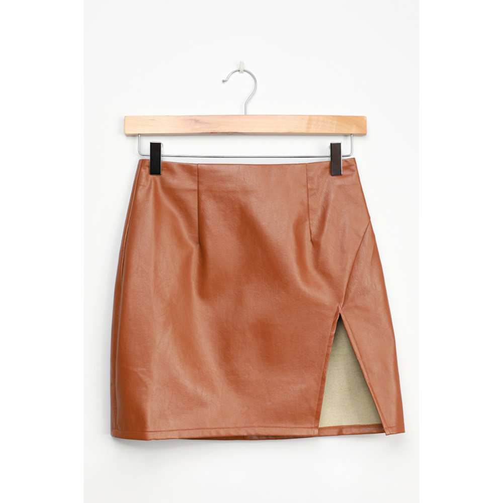 Lulus Walking The Walk Camel Vegan Leather Mini Skirt Brown - Size M